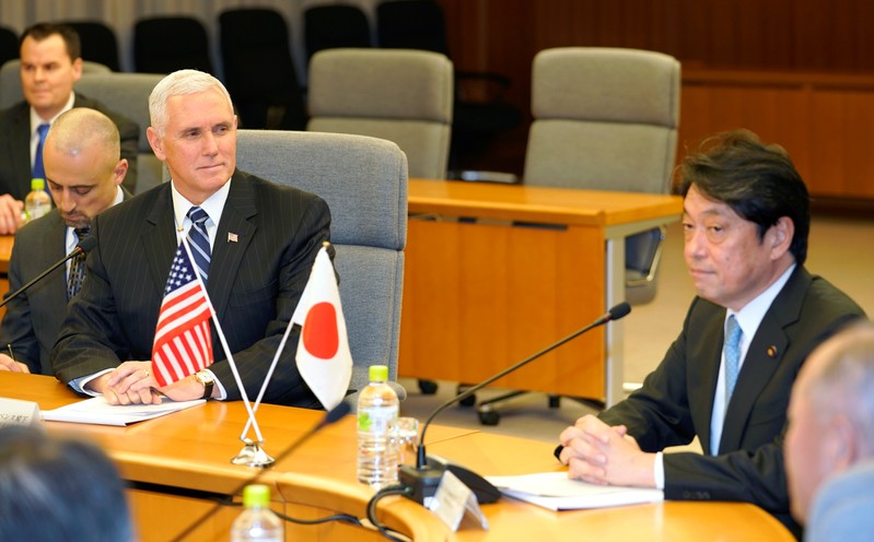 U.S. Vice President Mike Pence talks with Japan's Defense Minister Itsunori Onodera in their meeting at Defense Ministry in Tokyo
