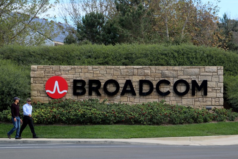 FILE PHOTO: A sign to the campus offices of chip maker Broadcom Ltd, who announced on Monday an unsolicited bid to buy peer Qualcomm Inc for $103 billion, is shown in Irvine, California