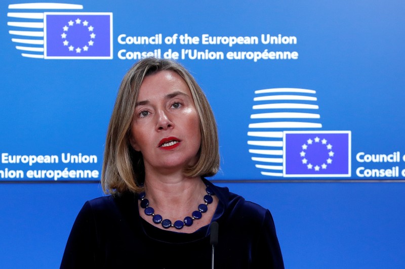 European High Representative for Foreign Affairs Mogherini gives a press statement during a meeting with Palestinian President Abbas in Brussels