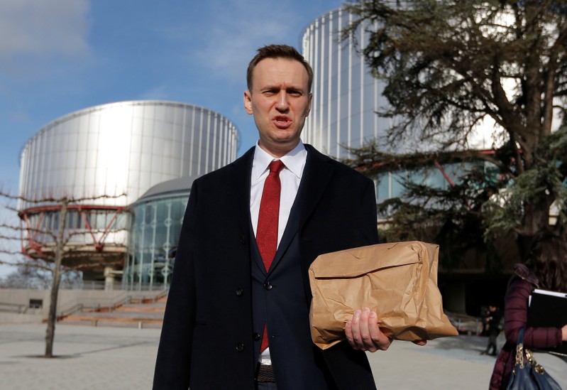 Russian opposition leader Navalny leaves the European court of Human Rights after a hearing regarding his case against Russia at the court in Strasbourg
