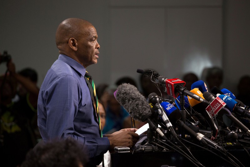 African National Congress (ANC) Secretary-General Ace Magashule and members of the ANC National Executive Committee address a media conference in Johannesburg