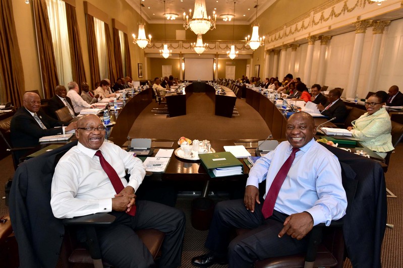 South African President Jacob Zuma and Deputy President Cyril Ramaphosa, are seen attending Cabinet Committee meetings in this government handout picture, in Cape Town