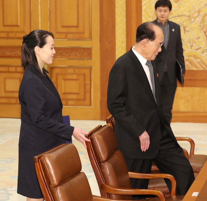 President of the Presidium of the Supreme People¡¯s Assembly of North Korea Kim Young Nam and Kim Yo Jong, the sister of North Korea's leader Kim Jong Un, arrives at the Presidential Blue House in Seoul