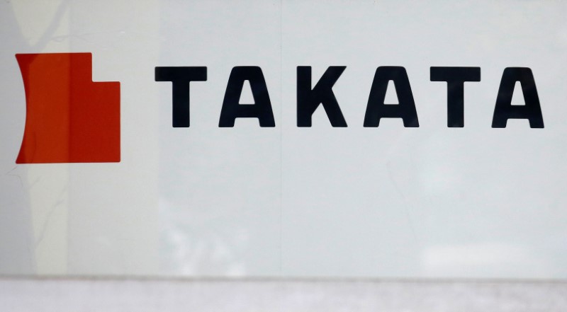 Logo of Takata Corp is seen on its display at a showroom for vehicles in Tokyo