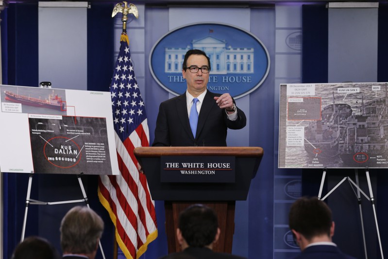 U.S. Treasury Secretary Mnuchin briefs on North Korea at the White House in Washington