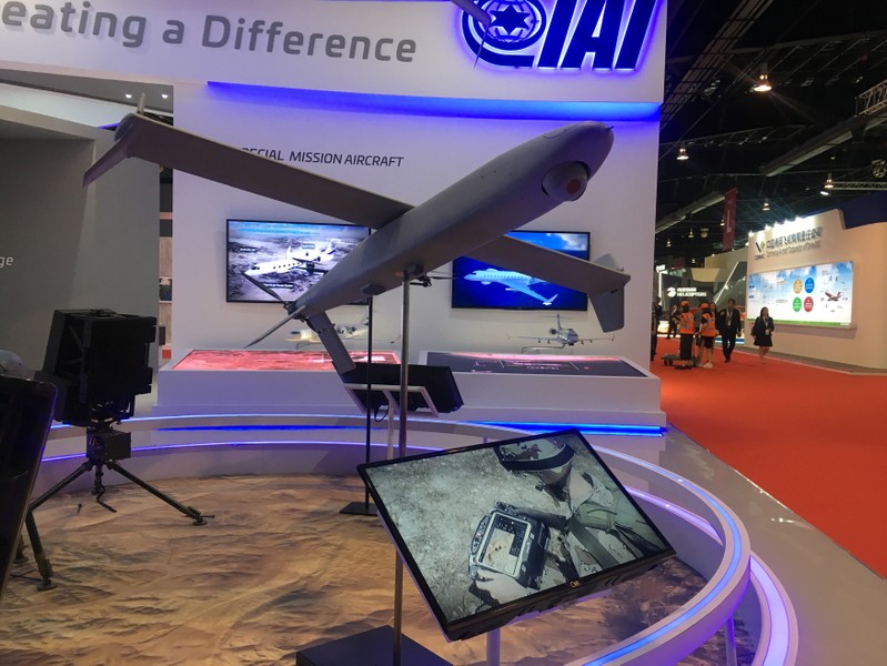 A drone model on display at the booth of Israeli drone maker Aeronautics Group at the Singapore Airshow