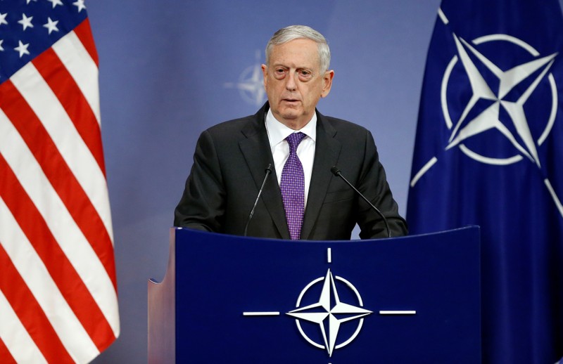 U.S. Secretary of Defence Mattis addresses a news conference during a NATO defence ministers meeting in Brussels