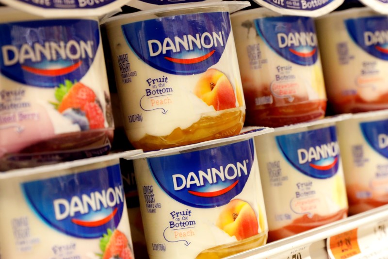 Containers of Danone's Dannon Yogurt are displayed in a supermarket in New York
