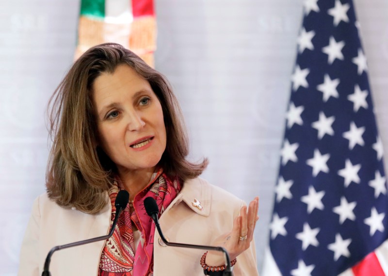 Canadian Foreign Minister Chrystia Freeland gives a speech during a joint news conference with Mexican Foreign Minister Luis Videgaray and U.S. Secretary of State Rex Tillerson in Mexico City