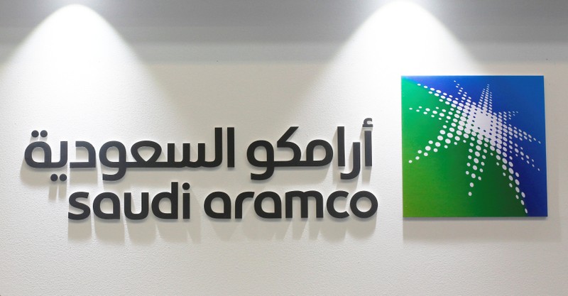 FILE PHOTO: Saudi Aramco logo is seen at the 20th Middle East Oil & Gas Show and Conference in Manama