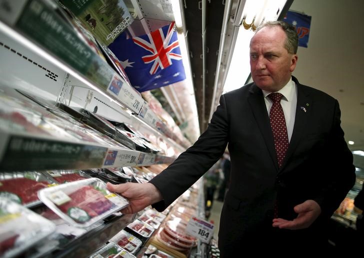 Australian Minister for Agriculture and Water Resources Barnaby Joyce looks at Australian beef as he visits at a supermarket to promote Australian products in Tokyo