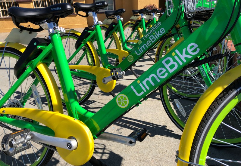 California-based bike sharing startup LimeBike displays its bikes at a recently-launched pilot program in Burlingame