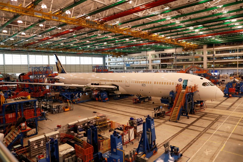 A Boeing 787-10 aircraft being built for Singapore Airlines sits in the Final Assembly Area before a delivery ceremony of the first Boeing 787-10 Dreamliner at Boeing South Carolina in North Charleston