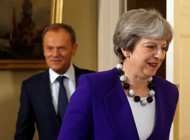 Britain's Prime Minister Theresa May meets with European Union Council President Donald Tusk at 10 Downing Street in London