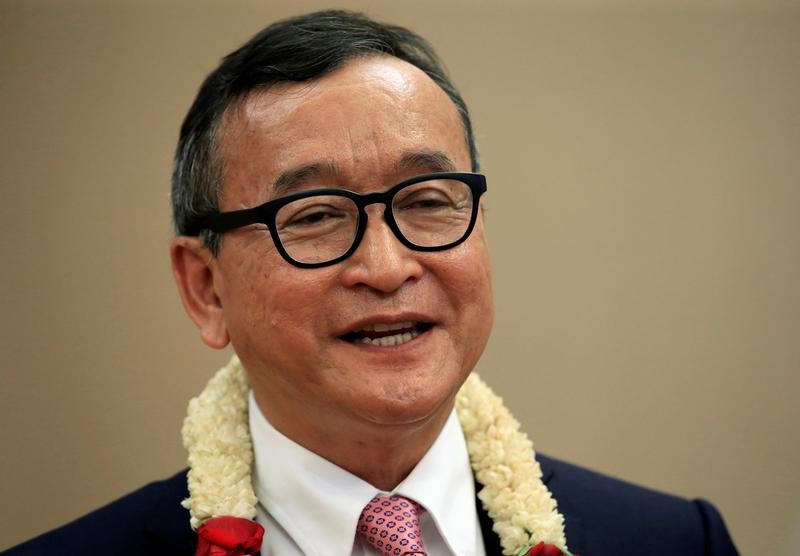 FILE PHOTO: Cambodian opposition leader Sam Rainsy answers questions during an interview with Reuters at a hotel in metro Manila, Philippines
