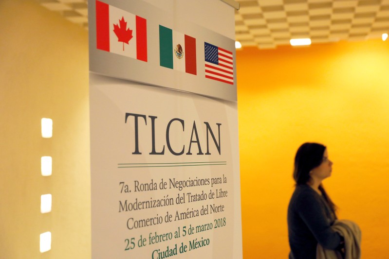 NAFTA banner is pictured inside a hotel where the seventh round of NAFTA talks involving the United States, Mexico and Canada takes place, in Mexico City
