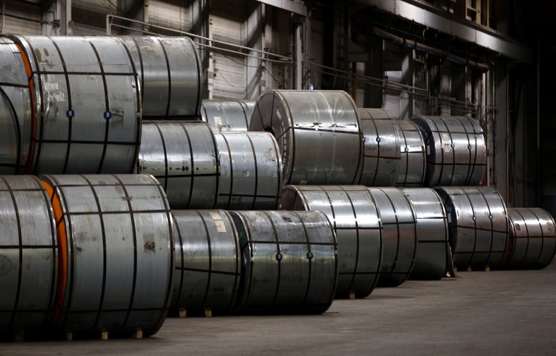 Coils of steel sit in storage in a port authority facility in Hamilton