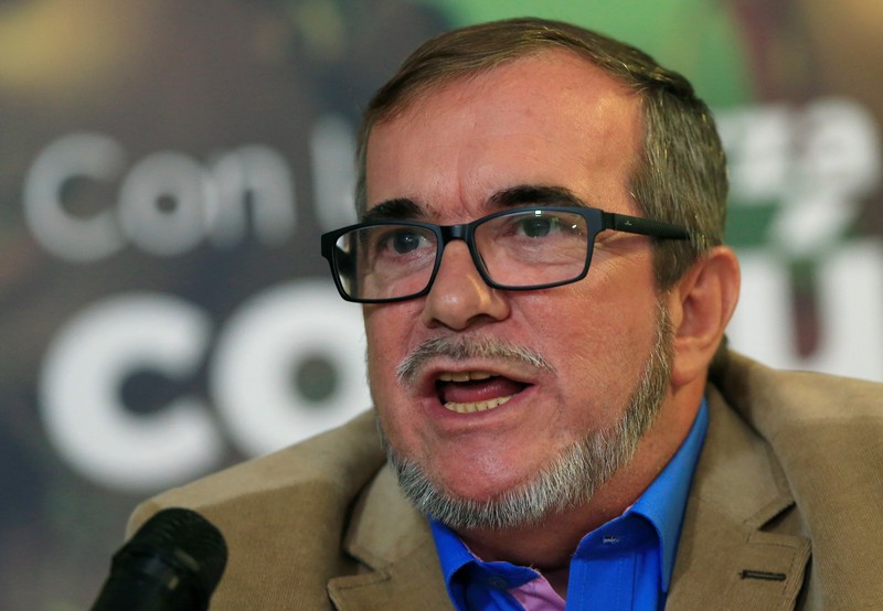Colombia's FARC leader and presidential candidate Rodrigo Londono speaks during a news conference in Bogota