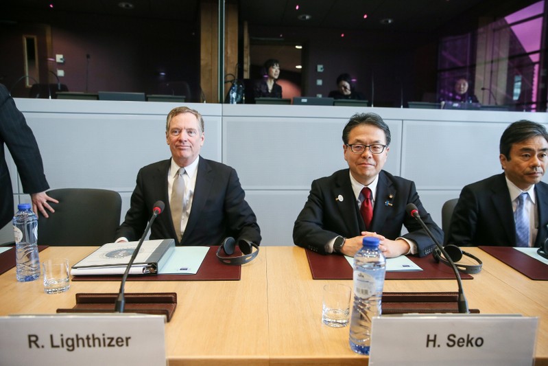 U.S. Trade Representative Lighthizer EU Trade Commissioner Malmstrom and Japan's Minister of Economy, Trade and Industry Seko take part in a meeting to discuss steel overcapacity in Brussels