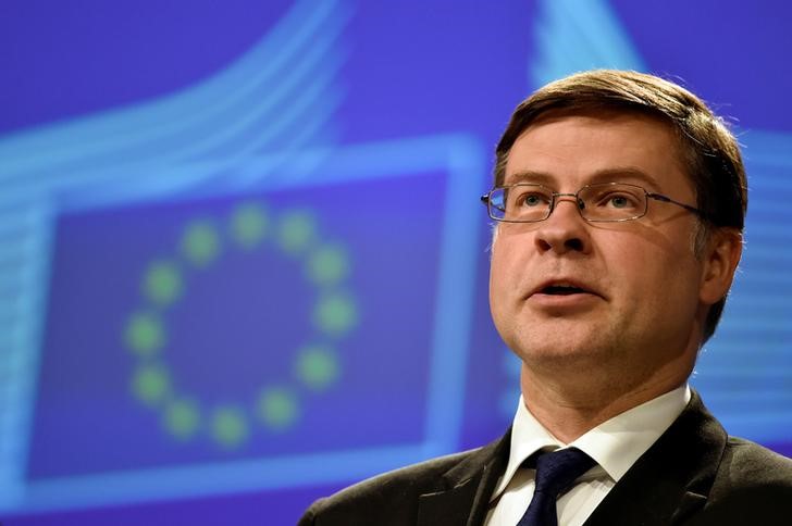EC Vice-President for the Euro and Social Dialogue Dombrovskis holds a news conference at the European Commission in Brussels