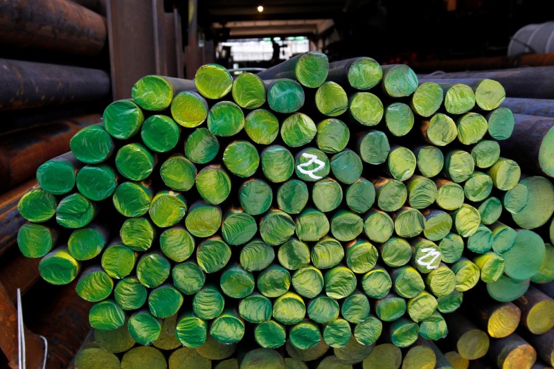 FILE PHOTO: Steel bars for sale are displayed at a shop in the Mullae-dong steel product district in Seoul