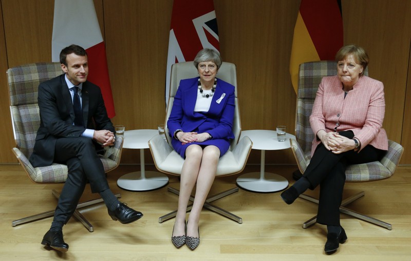 Britain's PM May, French President Macron and German Chancellor Merkel meet at the EU summit in Brussels