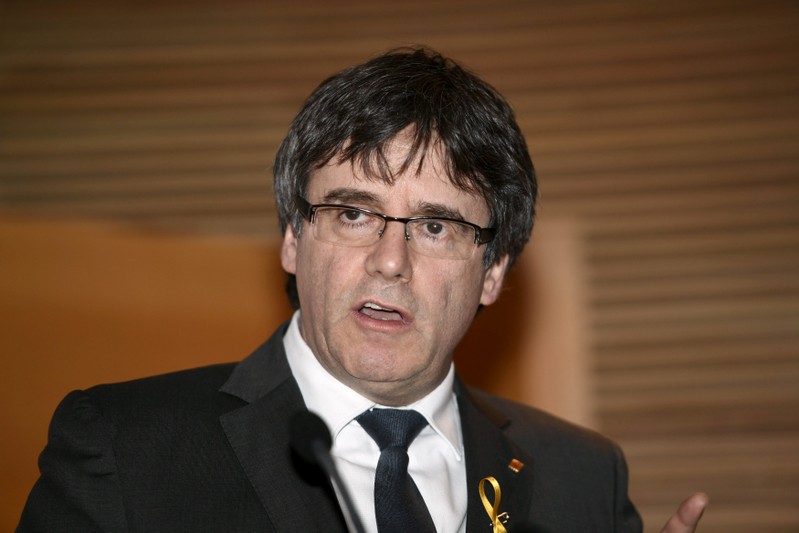 Former Catalan leader Carles Puigdemont speaks during his briefing on the situation in Catalonia at Finnish Parliament in Helsinki