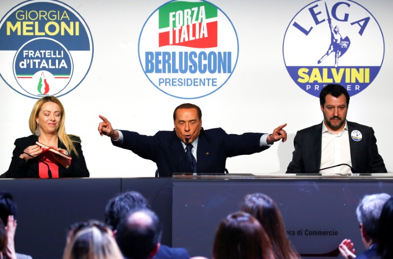 Forza Italia leader Silvio Berlusconi speaks flanked by Fratelli D'Italia party leader Giorgia Meloni and Northern League leader Matteo Salvini during a meeting in Rome