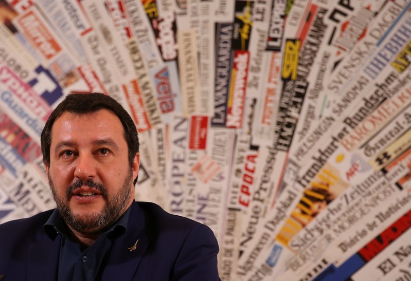Leader of Italy's far-right League Matteo Salvini attends a news conference at the Foreign Press Club in Rome