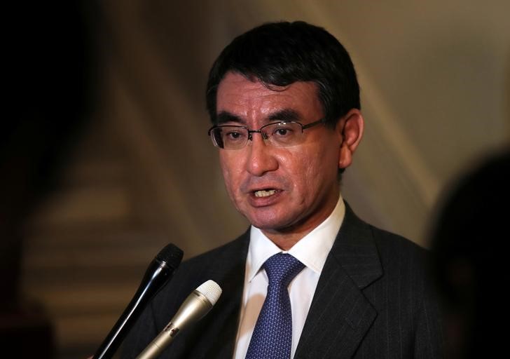 Japanese Foreign Minister Taro Kono answers a question at the end of a meeting in Ankara