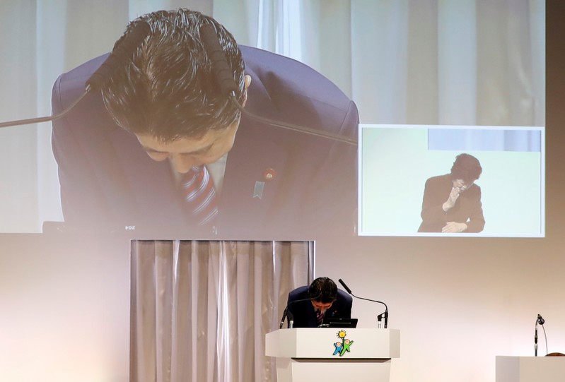 Japan's Prime Minister Shinzo Abe delivers a speech during the annual party convention in Tokyo