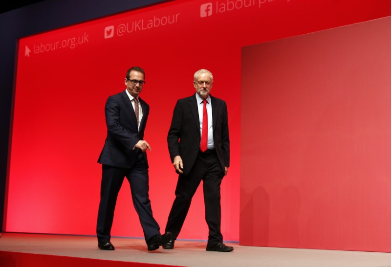 FILE PHOTO: Labour leadership candidate, Owen Smith, and party leader, Jeremy Corbyn, walk onto the stage before the announcement of the result of the Labour Party leadership election, in Liverpool