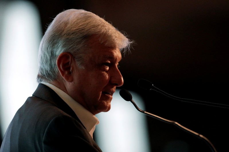 Leftist front-runner Lopez Obrador of the MORENA addresses the audience during a conference in Guadalajara