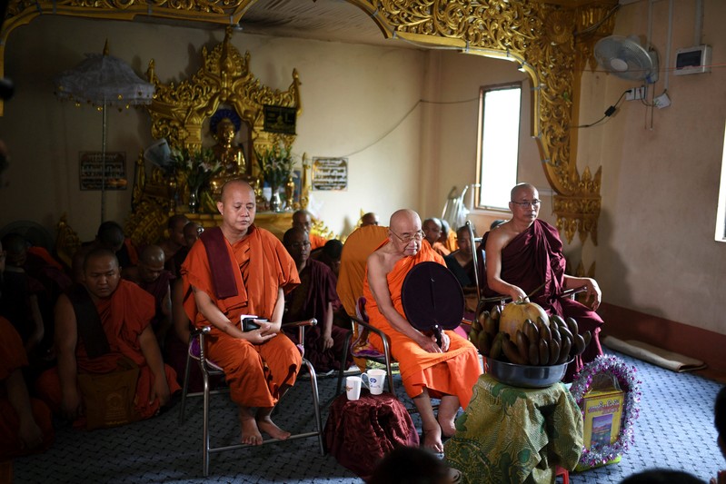 Buddhist monk Wirathu, who was banned by the Myanmar government from giving sermons for one year, arrives at a monastery to give a speech after the ban expired on March 9, in Yangon