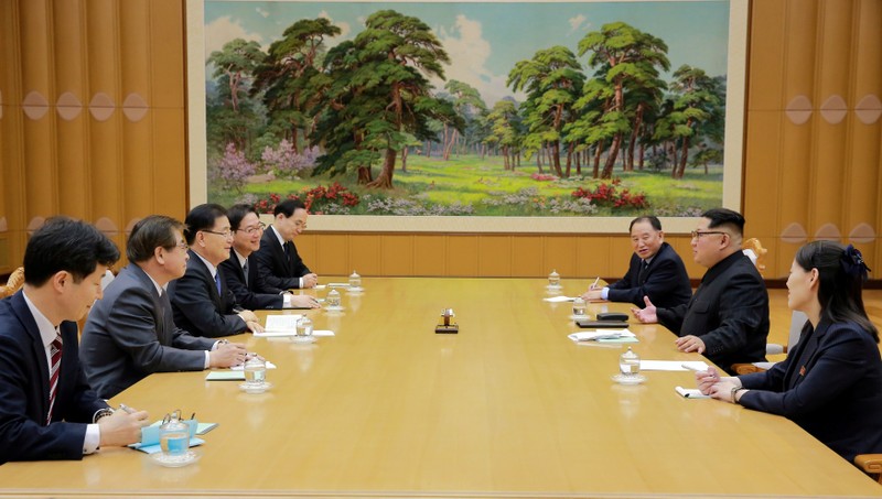 FILE PHOTO: North Korean leader Kim Jong Un talks with South Korean delegation led by Chung Eui-yong, head of the presidential National Security Office, in Pyongyang