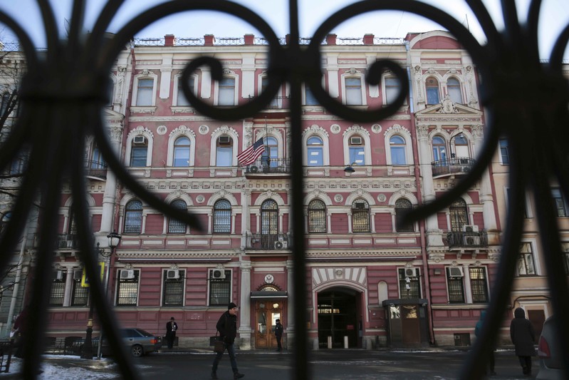 A view through a fence shows the building of the consulate-general of the U.S. in St. Petersburg