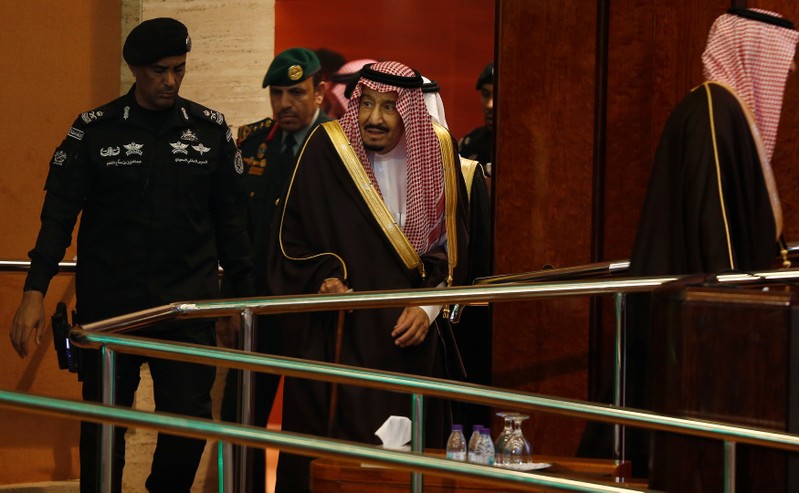 Saudi Arabia's King Salman bin Abdulaziz Al Saud arrives to attend Riyadh International Humanitarian Forum in Riyadh