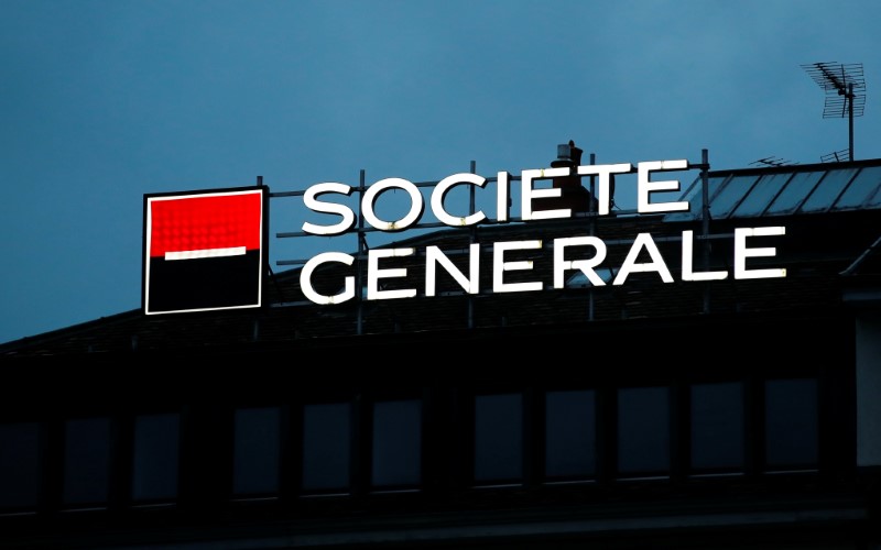 FILE PHOTO: A logo of French bank Societe Generale is pictured on a building in Geneva