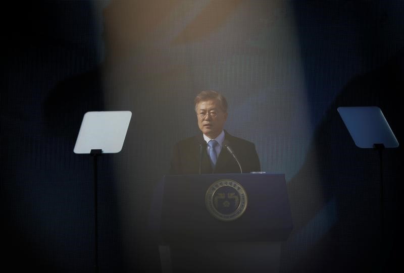South Korean President Moon Jae-in delivers a speech during a ceremony celebrating the 99th anniversary of the March First Independence Movement against Japanese colonial rule, at Seodaemun Prison History Hall in Seoul