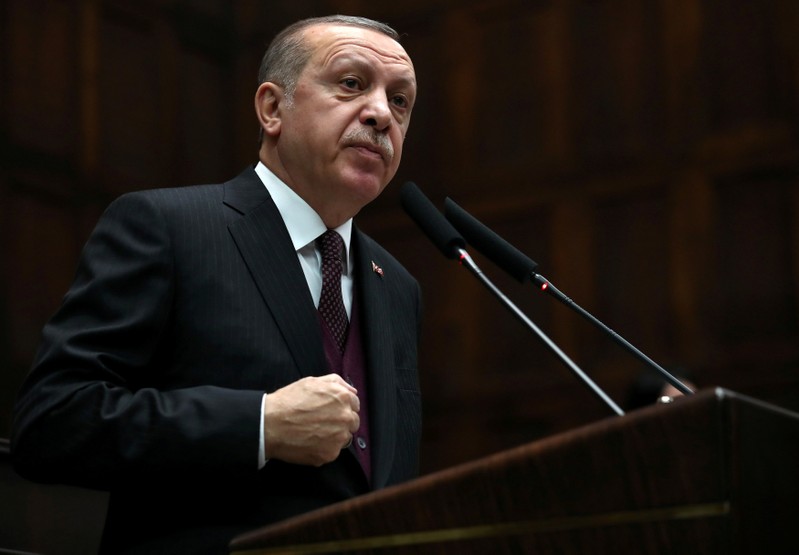 FILE PHOTO: Turkish President Tayyip Erdogan addresses members of parliament in Ankara