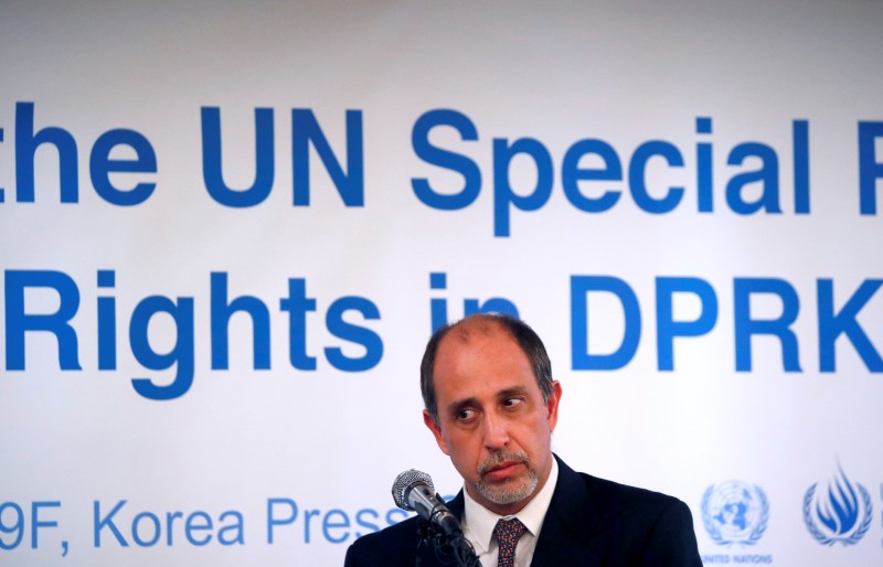 Special Rapporteur on the situation of human rights in North Korea Quintana listens to a reporter's question during a news conference in Seoul