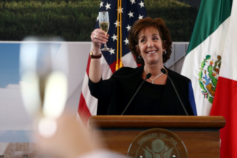 FILE PHOTO: U.S. Ambassador to Mexico Roberta S. Jacobson raises her glass in a toast as she attends a ceremony to place the first stone of the new U.S. Embassy in Mexico City