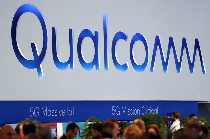 The logo of Qualcomm is seen during the Mobile World Congress in Barcelona