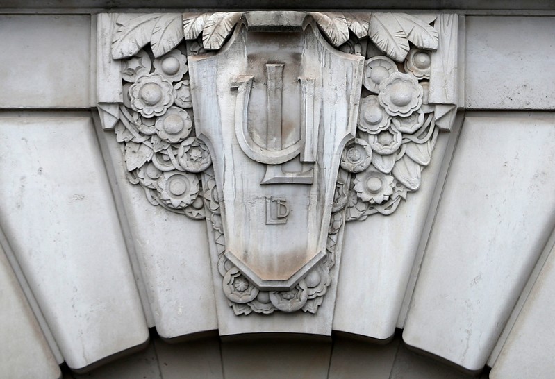 A stone motif can be seen on the front of the Unilever building in central London