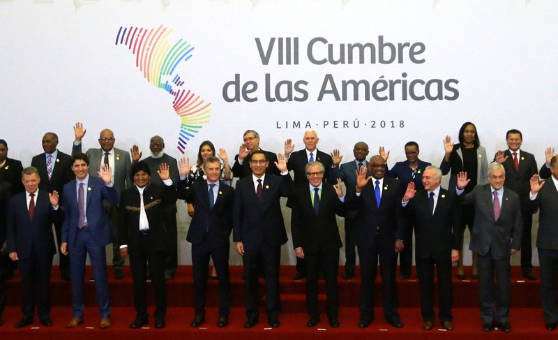 Heads of states pose for the family photo of the VIII Summit of the Americas in Lima