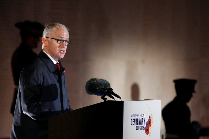 Australian Prime Minister Malcolm Turnbull delivers a speech during the dawn service to mark the ANZAC commemoration ceremony at the Australian National Memorial in Villers-Bretonneux