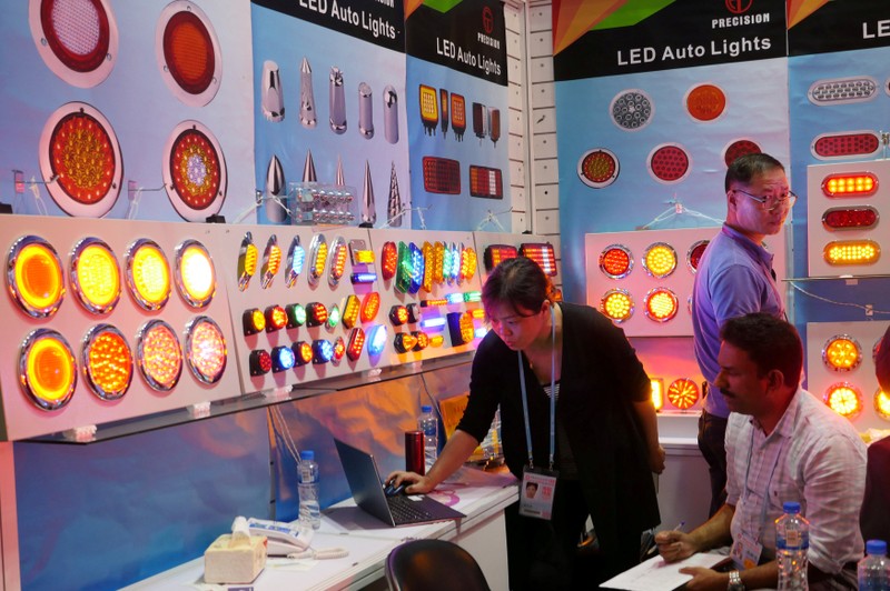FILE PHOTO: LED lights are on display inside a booth at the Canton Fair in Guangzhou