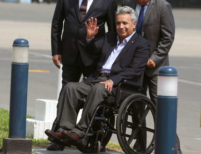 Ecuador's President Lenin Moreno arrives at the airport for upcoming Summit of the Americas in Lima