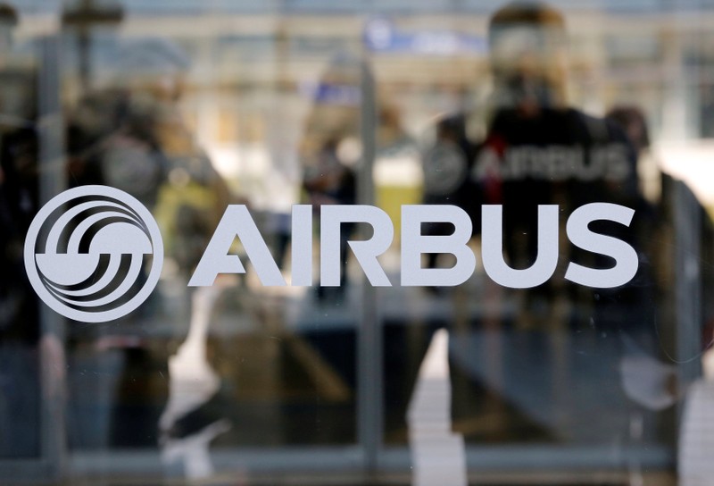 Logo of Airbus is pictured at the Airbus A380 final assembly line at Airbus headquarters in Blagnac, near Toulouse