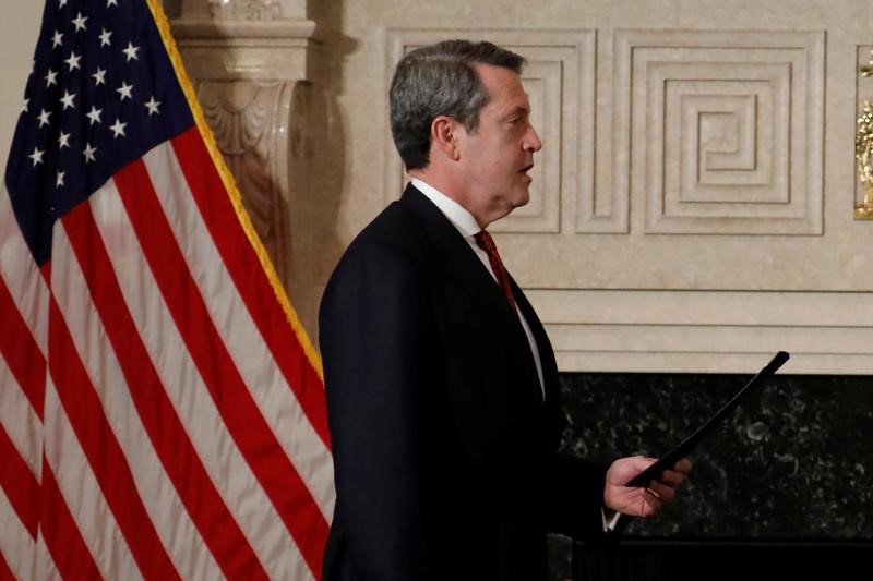 Randal Quarles, Federal Reserve board member and Vice Chair for Supervision, takes part in a swearing-in ceremony for Chairman Jerome Powell at the Federal Reserve in Washington